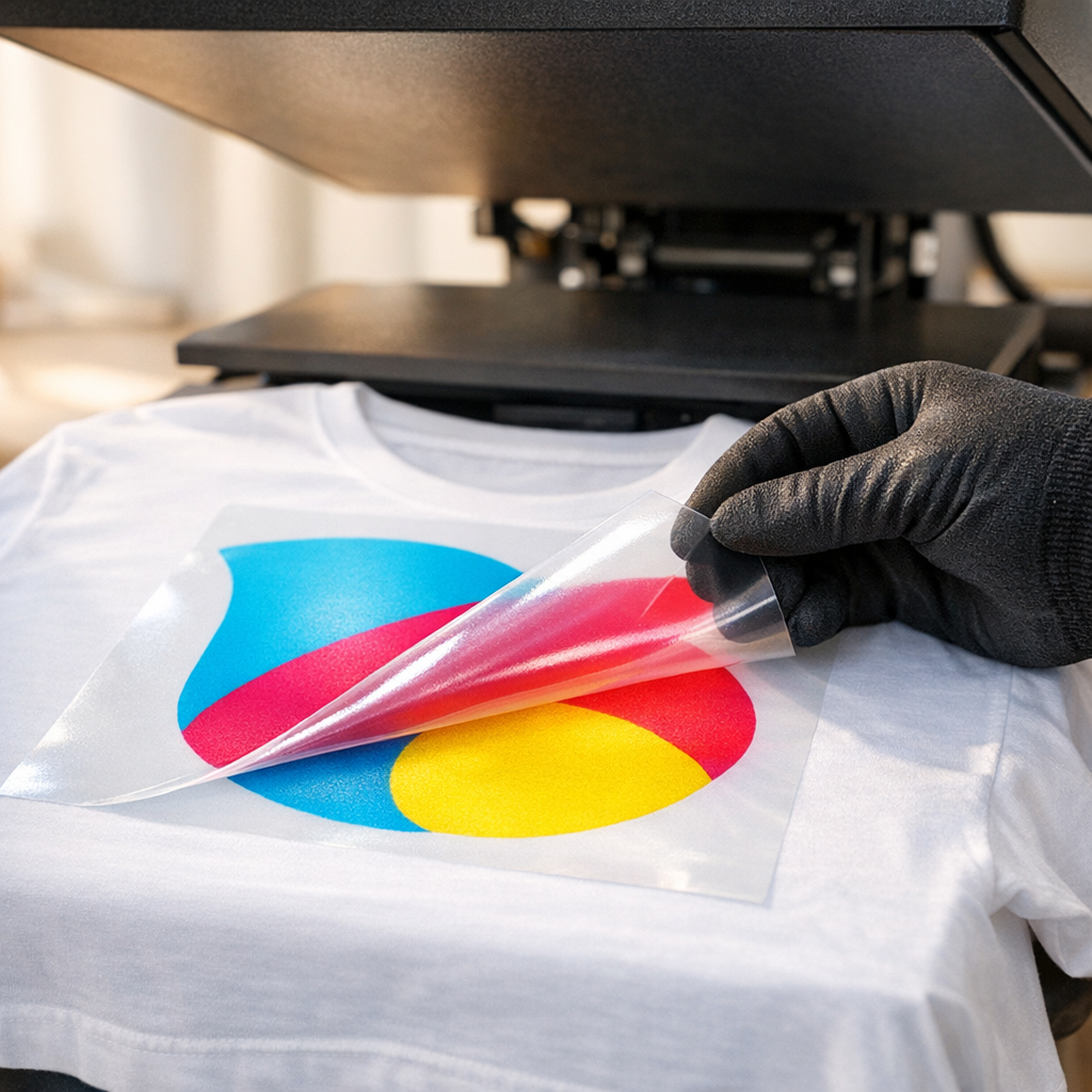 Close-up photorealistic shot of a heat-pressed T-shirt mid-press, vivid colors, soft finish visible, technician’s gloved h...