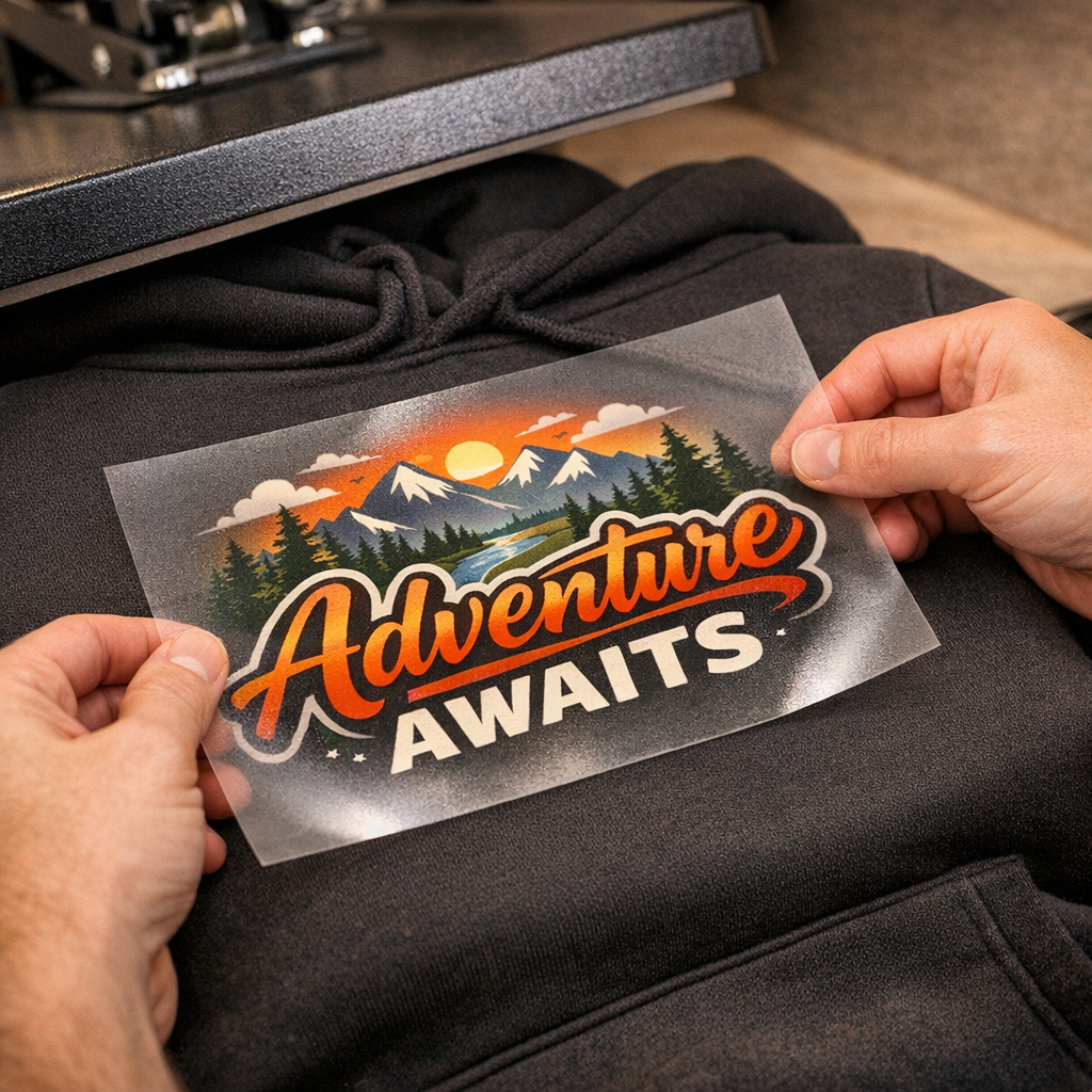 Close-up photorealistic shot of a heat press applying a DTF transfer to a dark hoodie, showing hands aligning the transfer...