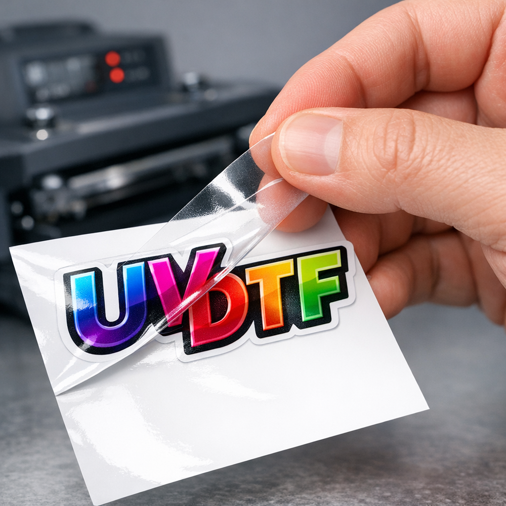 Close-up, photorealistic shot of a hand peeling a UV DTF sticker from a glossy white backing with a modern heat-curing mac...