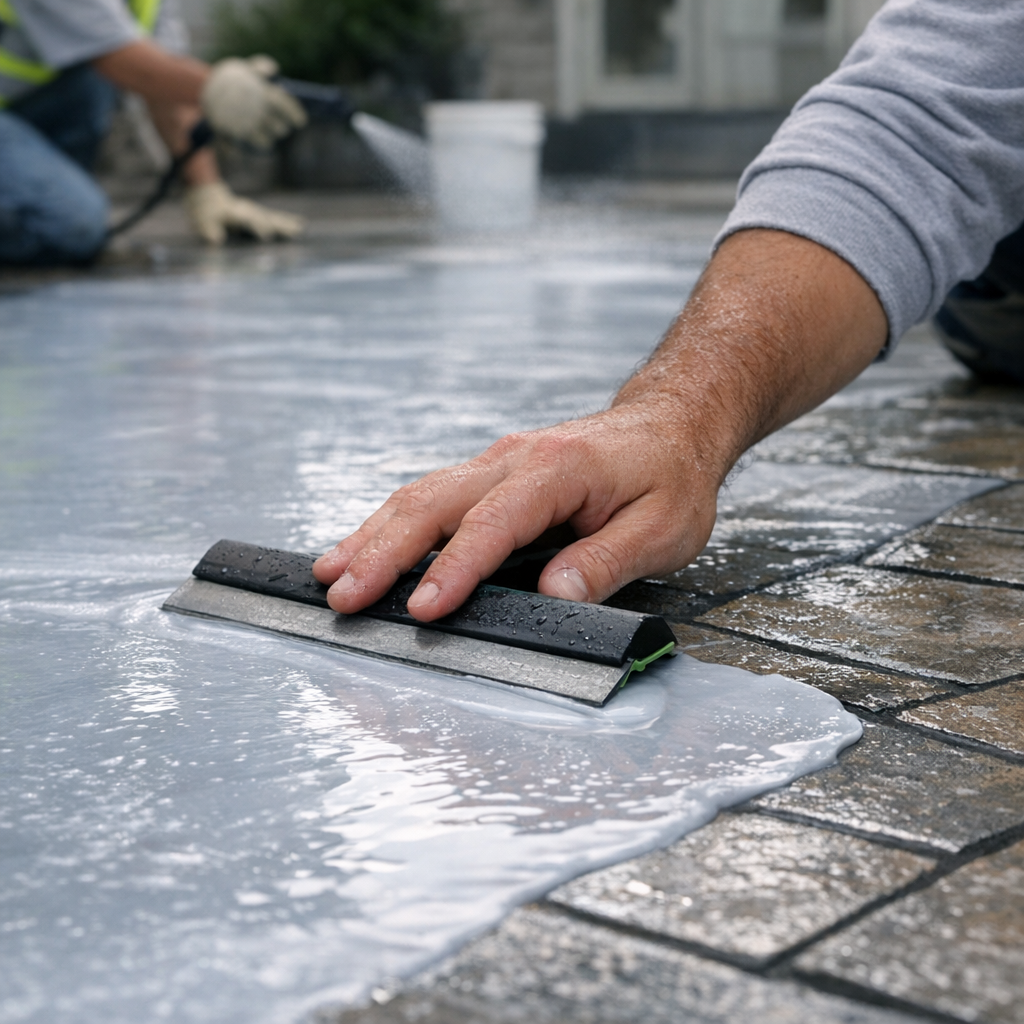 Mid-project close-up, photorealistic image showing a crew applying moisture-retaining curing membrane to a large decorativ...