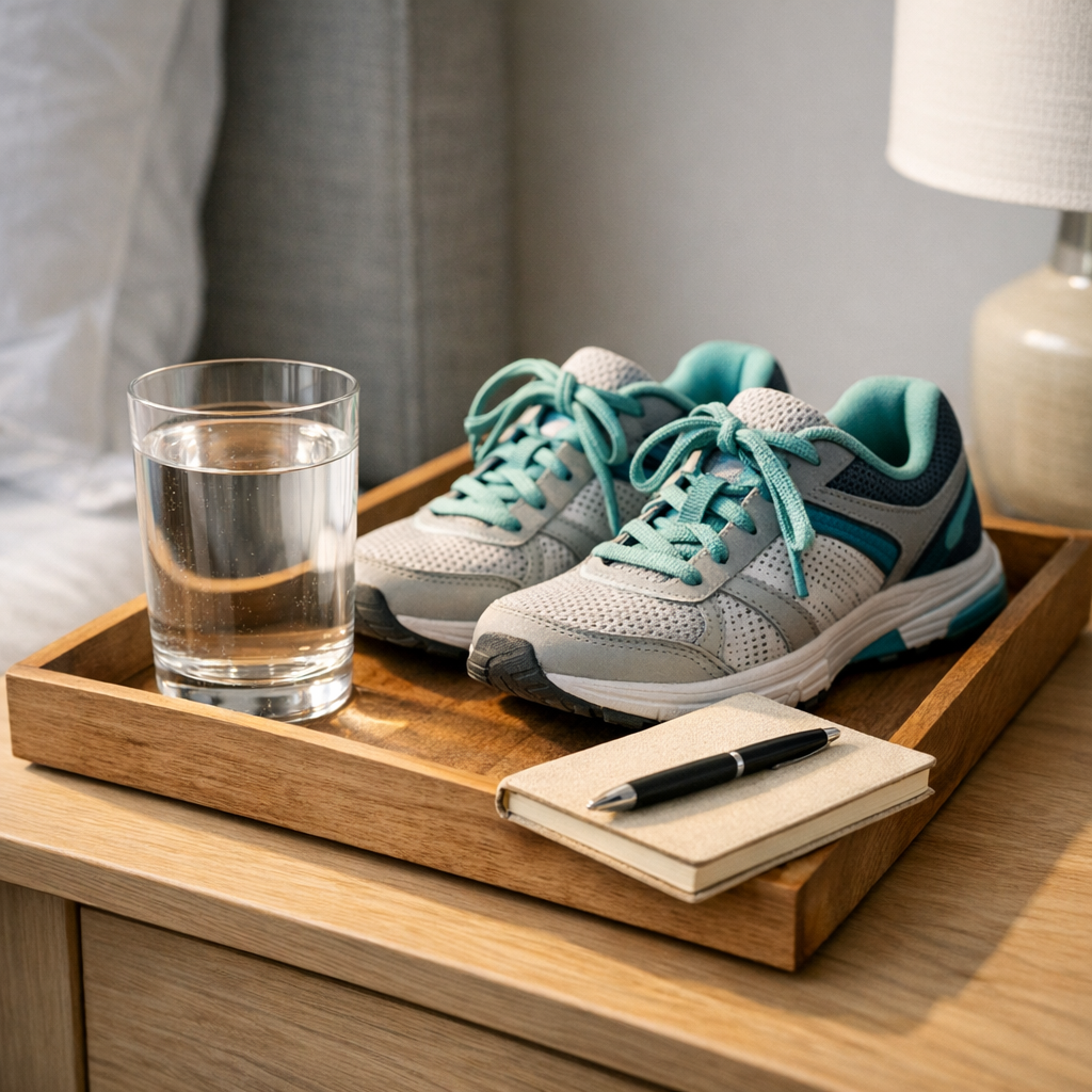 Photorealistic mid-shot of a small wooden tray on a bedside table holding a clear glass of water, a pair of running shoes,...