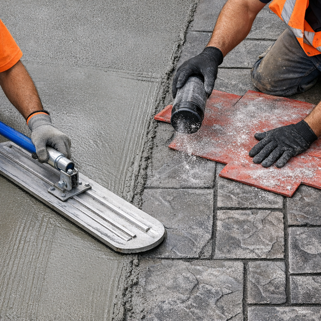 Close-up photorealistic mid-shot showing a contractor finishing poured concrete with a bull float on one side and another ...