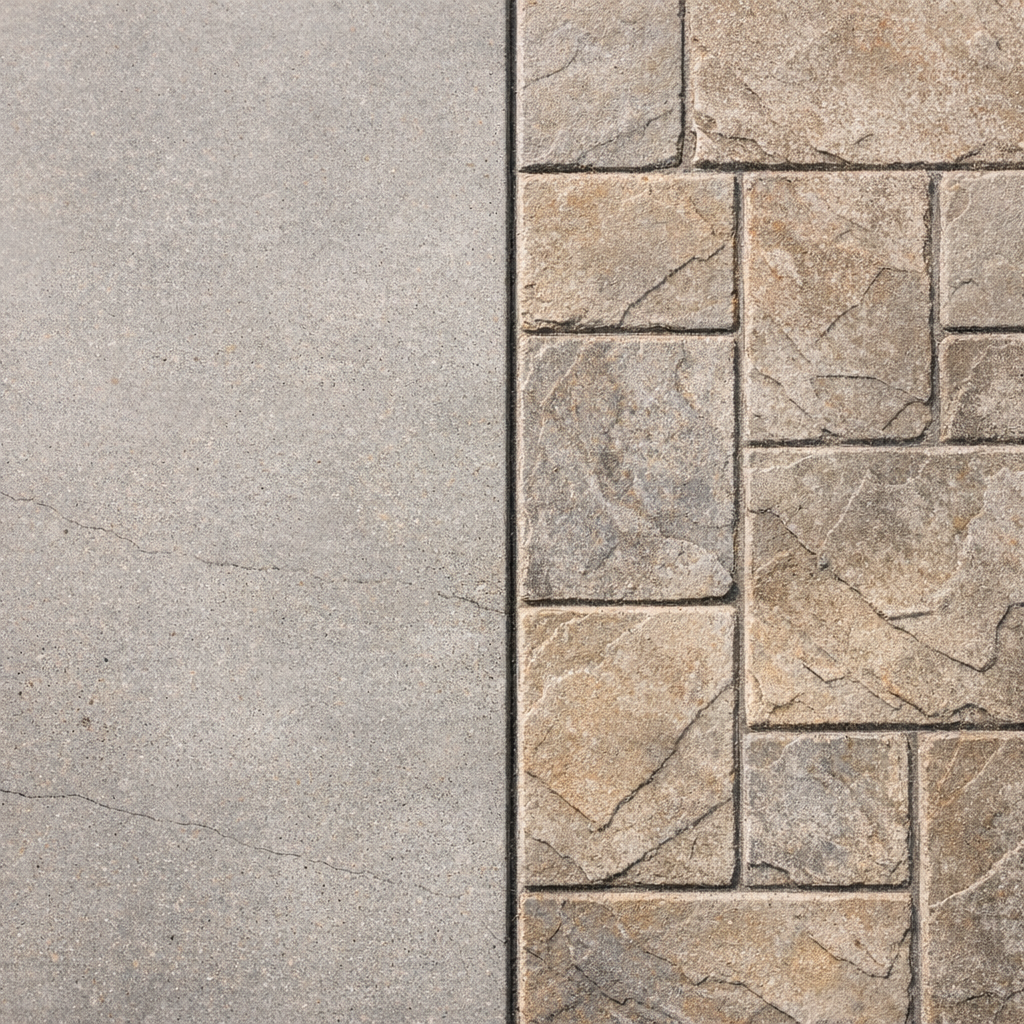 Photorealistic close-up of finished decorative and industrial slabs side by side, showing smooth industrial finish next to...