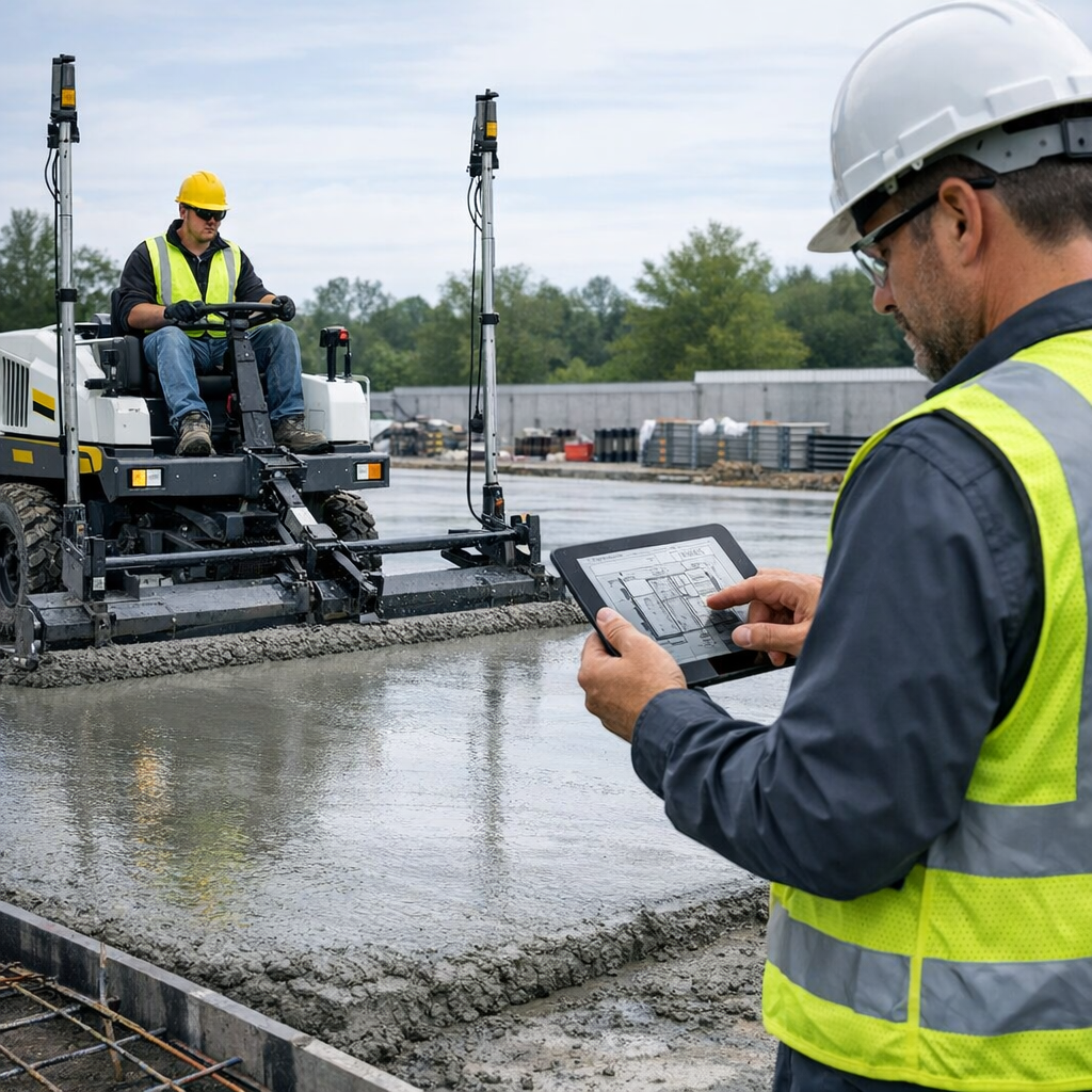 Photorealistic mid-work scene showing a ride-on laser screed smoothing a large industrial slab while a supervisor consults...