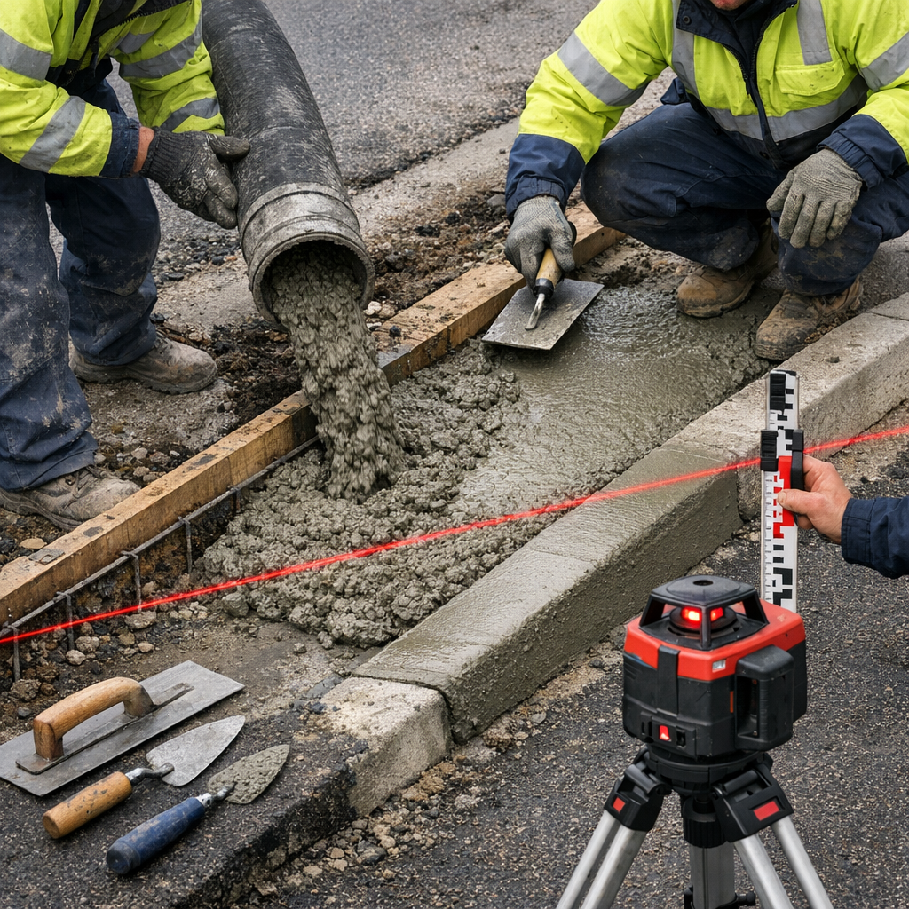 Close-up in-content photo of a contractor team preparing a curb removal and pouring a new concrete gutter section on a res...