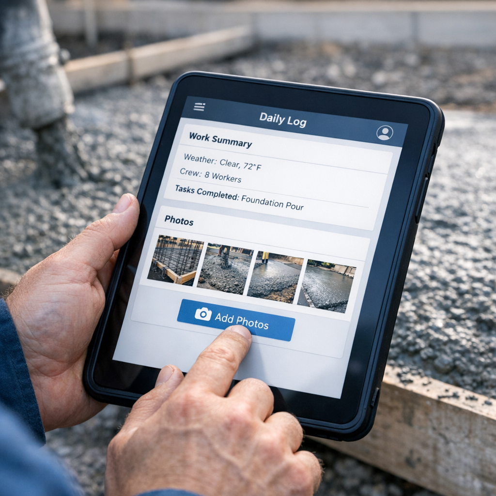 Close-up photorealistic image of a contractor’s tablet showing a daily log and photo upload screen next to a fresh concret...