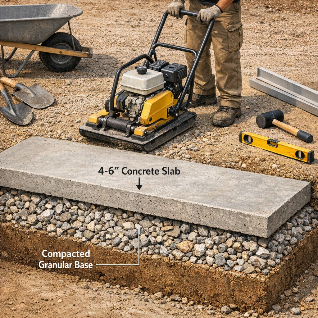 Middle-distance photorealistic image showing a cross-section view of a concrete driveway installation, close-up of compact...