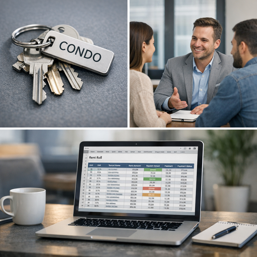 Photorealistic interior and exterior collage showing a stack of condo keys, a property manager meeting with tenants, and a...