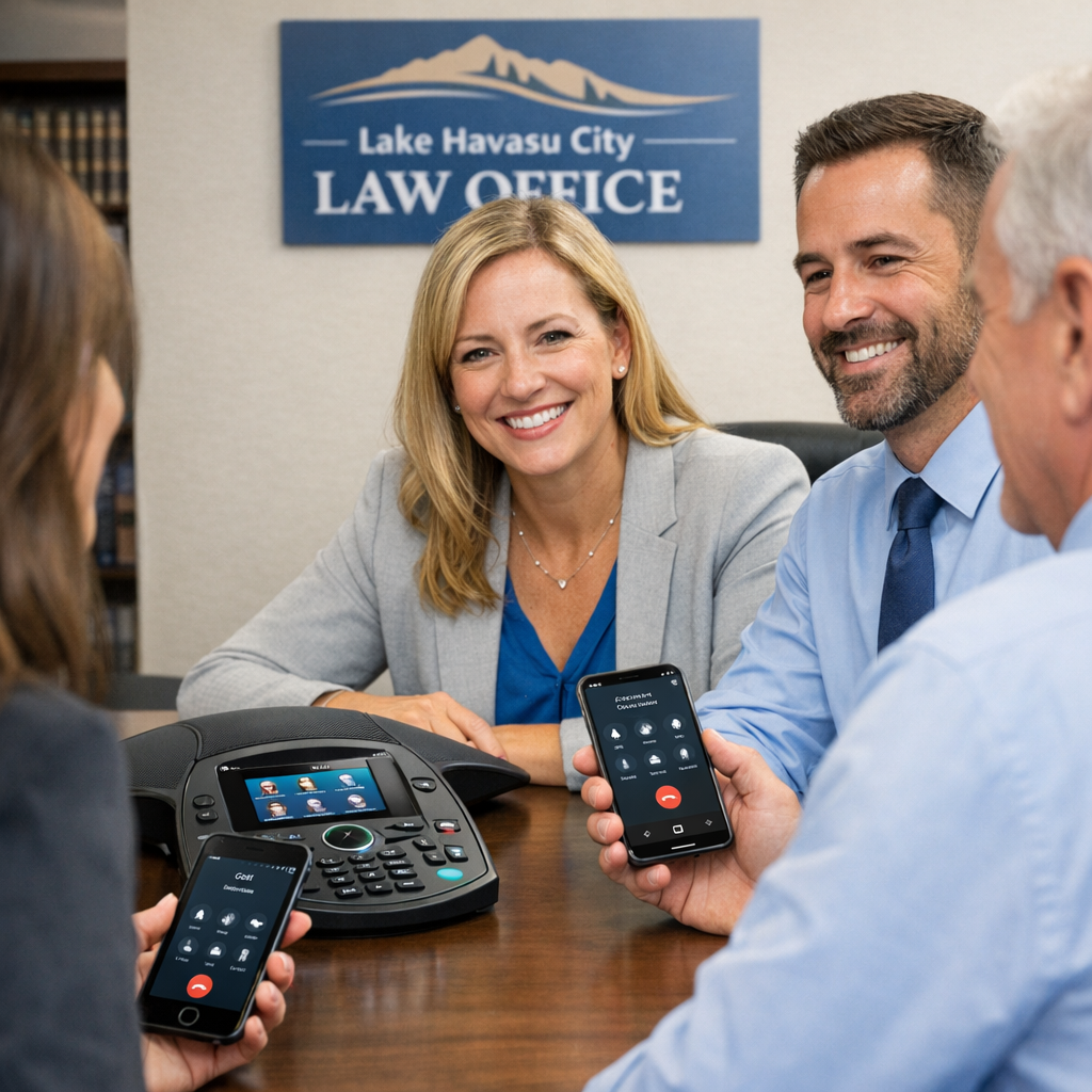 Network System Solutions | Lake Havasu City Business VoIP: Reliable Phone Systems in Arizona Photorealistic mid-article image of a small team in a Lake Havasu City law office using a VoIP conference phone and mobile...