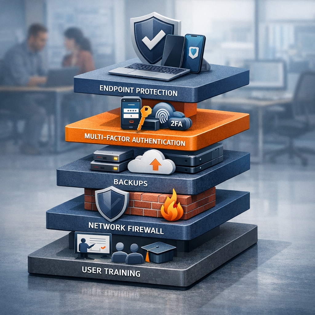 Network System Solutions | Small Business Cyber Security Plan for Arizona Offices Today Clean, modern isometric-style photorealistic illustration of a layered security stack: endpoint protection, MFA, backups, ...