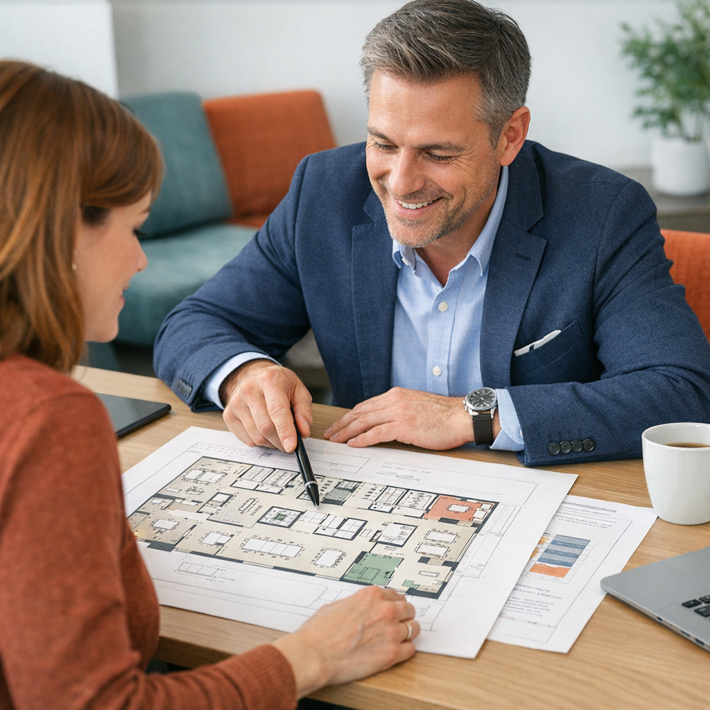 Photorealistic mid-shot of a collaborative meeting: tenant advisor and client reviewing floor plans on a conference table,...