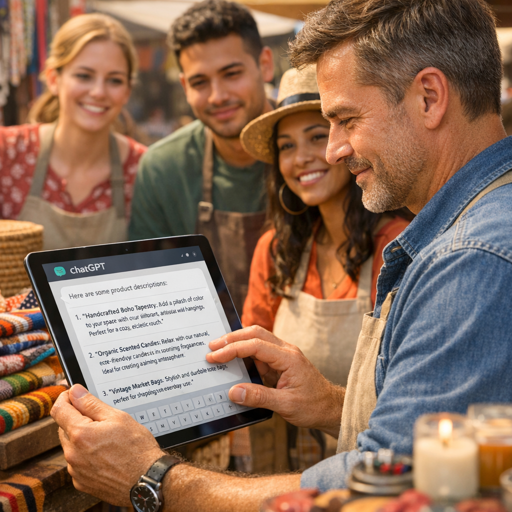 A photorealistic mid-shot of an entrepreneur at a market stall, typing on a tablet while a small team listens; the tablet ...