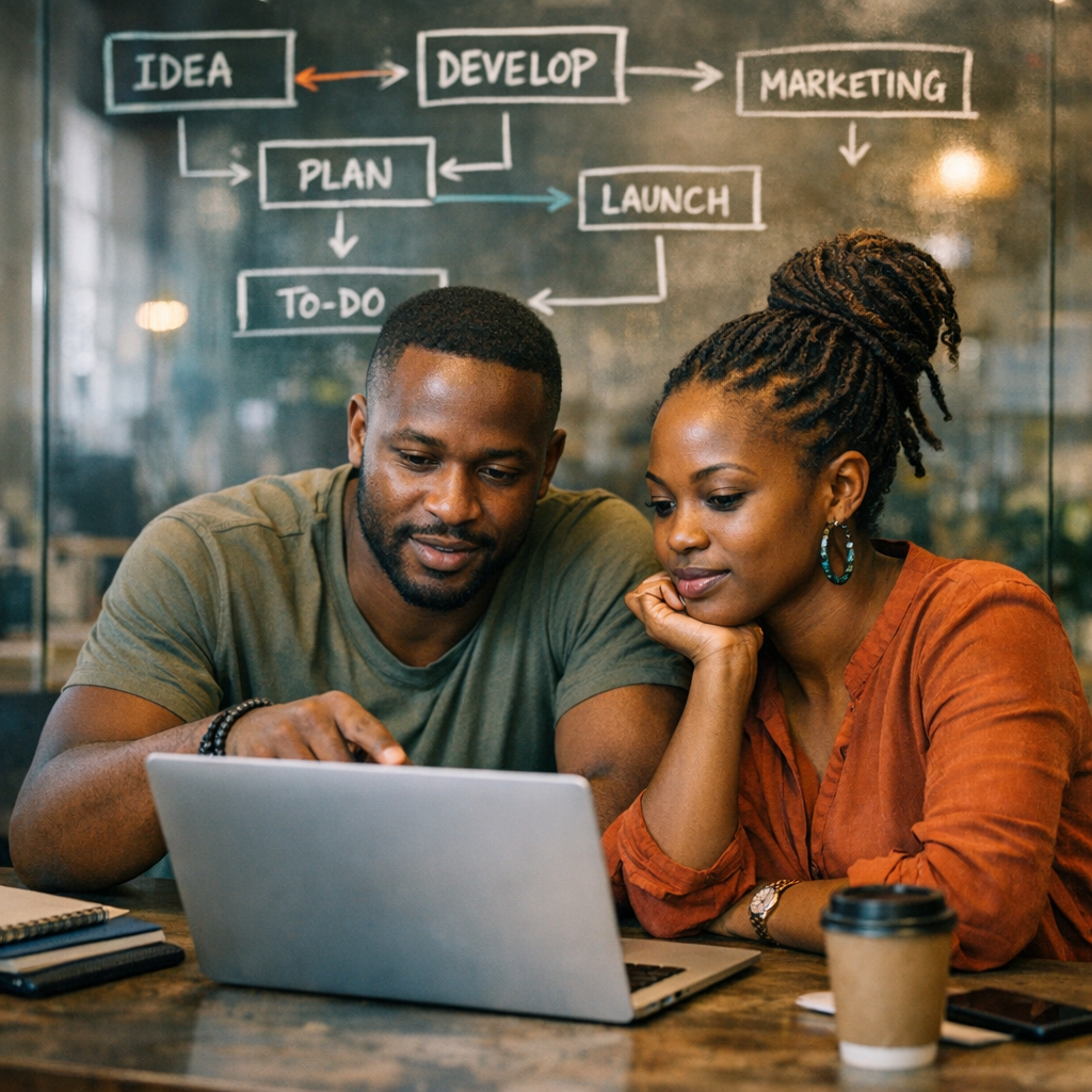 Photorealistic mid-shot of a small co-working space in an African city, two founders collaborating over a laptop with flow...