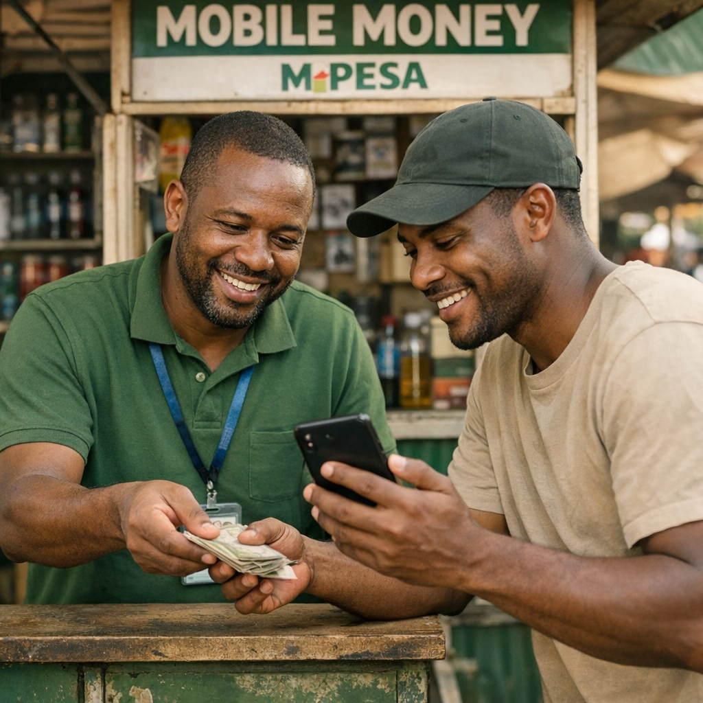 Photorealistic mid-shot of a local mobile money agent at a kiosk handing a customer cash while both look at a smartphone s...