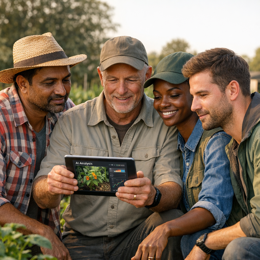 A photorealistic mid-shot of a mixed team of engineers and agricultural extension workers gathered around a tablet in a sm...