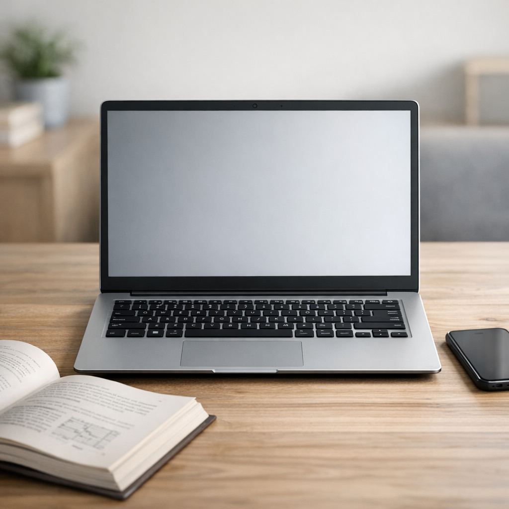 A photorealistic close-up of a slim budget laptop on a wooden desk, an open textbook and a smartphone beside it, soft natu...