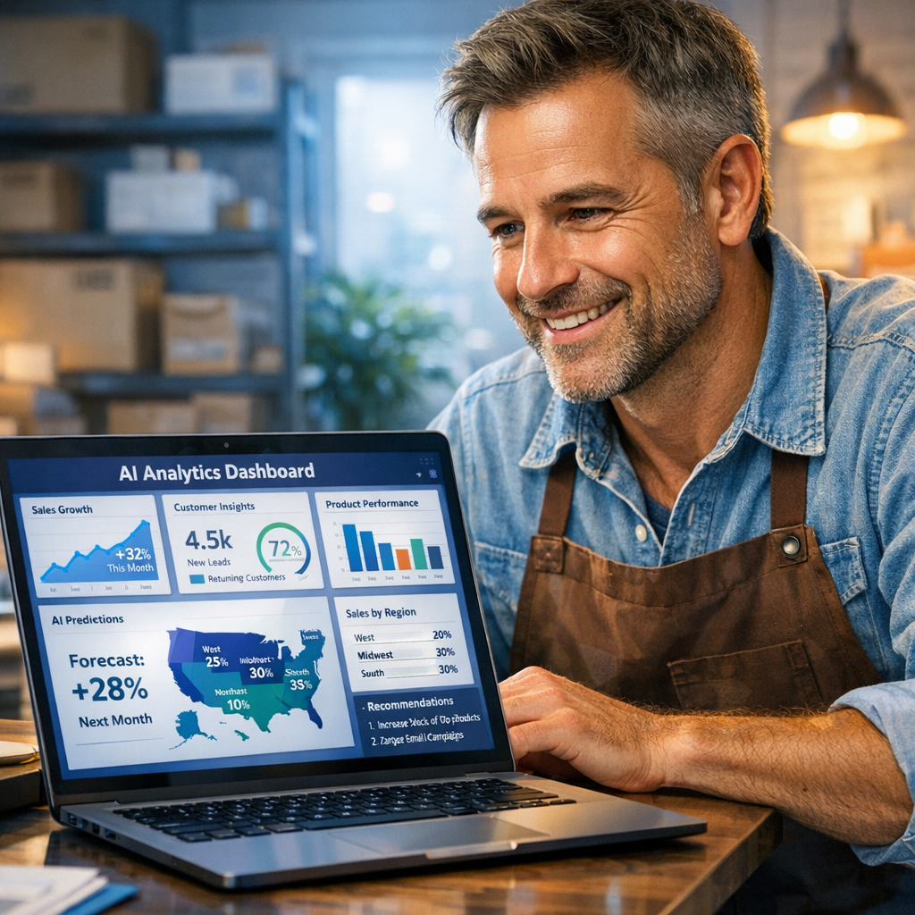 AI Search Optimization: Why Small Businesses Need It Today 2 A clean, photorealistic mid-shot of a small business owner reviewing a laptop screen showing an AI-powered analytics dashb...