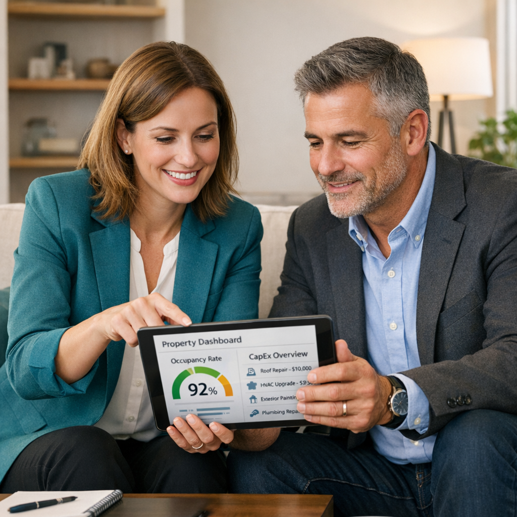 A clean, photorealistic mid-shot of a property manager and an investor reviewing a tablet in a modern living room, showing...