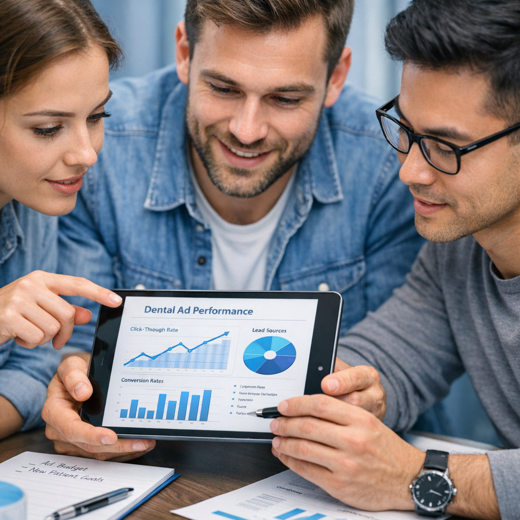 Clean in-content photorealistic image of a small dental marketing team reviewing ad performance on a tablet at a meeting t...