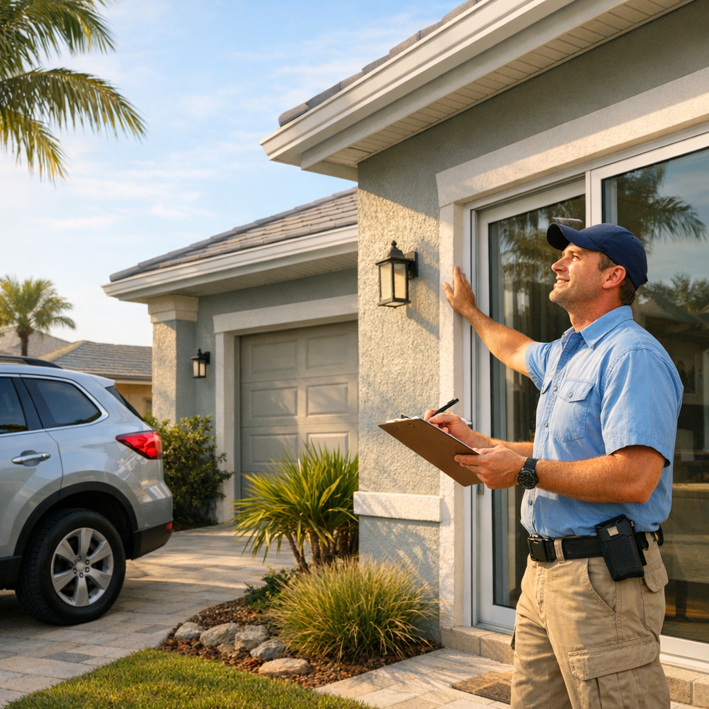 Photorealistic mid-content image of a professional property inspector walking a suburban Lake Worth home exterior, checkin...