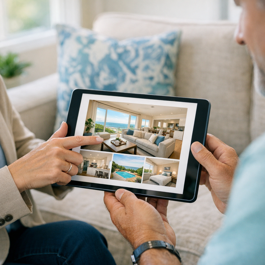 Photorealistic mid-article shot of a realtor and homeowner reviewing a tablet with listing photos in a bright living room,...