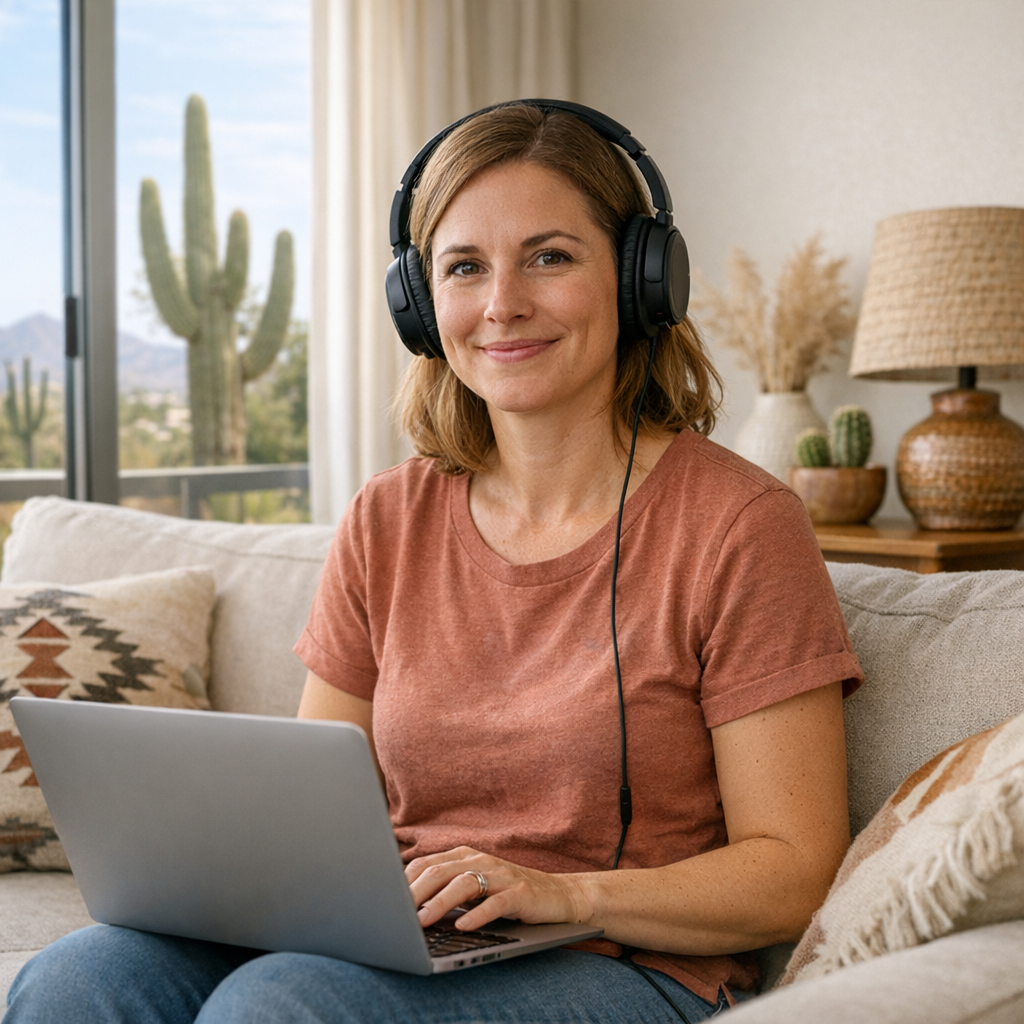 Photorealistic mid-shot of a person in a Phoenix apartment, sitting on a couch with headphones and laptop in a telehealth ...