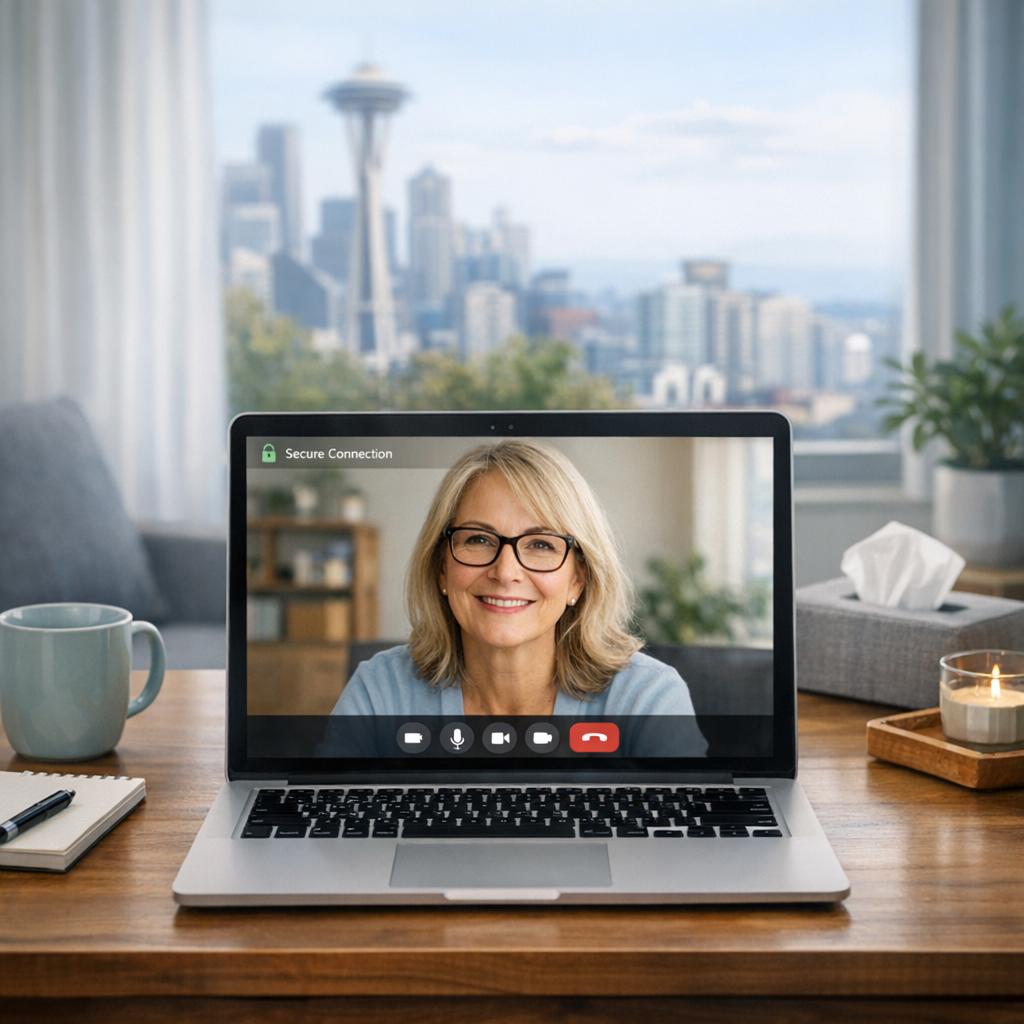 Photorealistic mid-shot of a calm therapist workspace seen from the client perspective, laptop open with a secure teleheal...