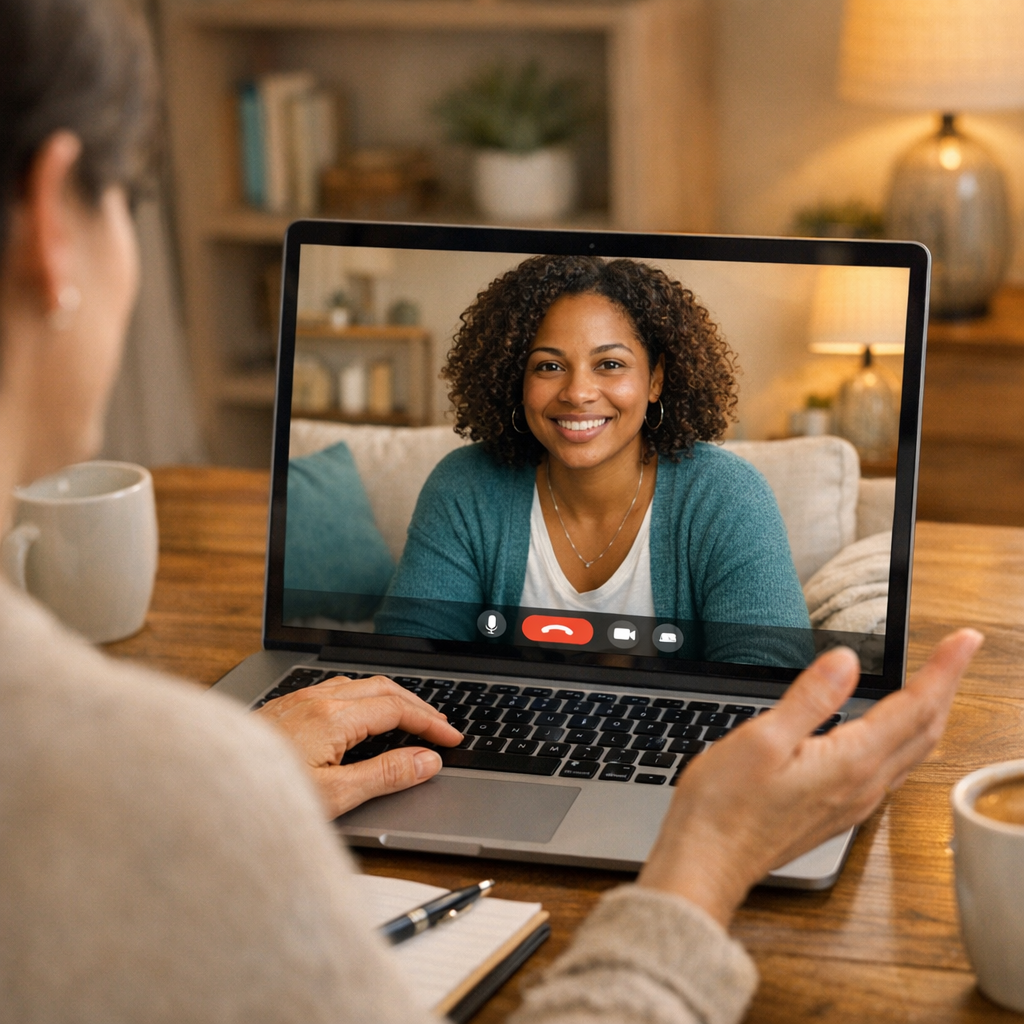 Photorealistic mid-shot of a therapist conducting a telehealth session on a laptop, a diverse adult client visible on scre...
