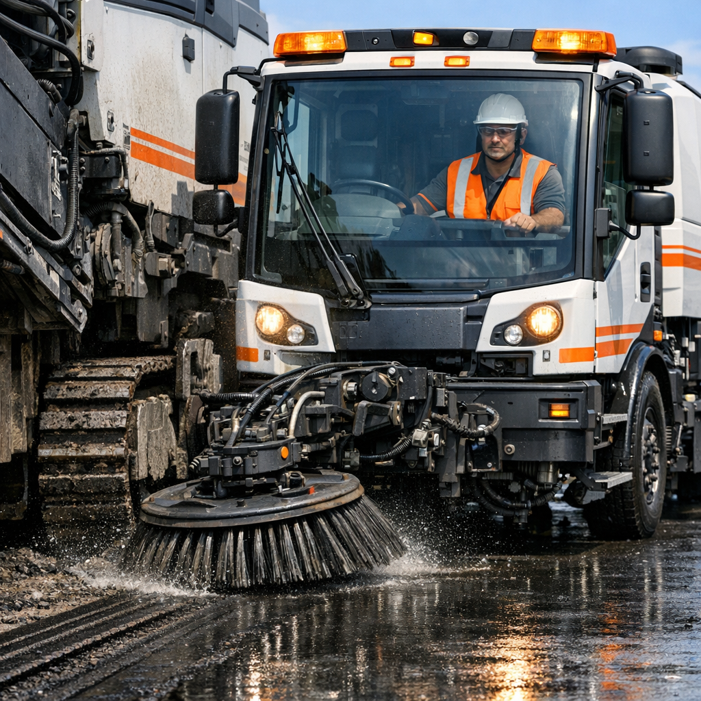 Photorealistic mid-shot of a mechanical broom street sweeper performing a close, precise pass beside a milling machine, op...