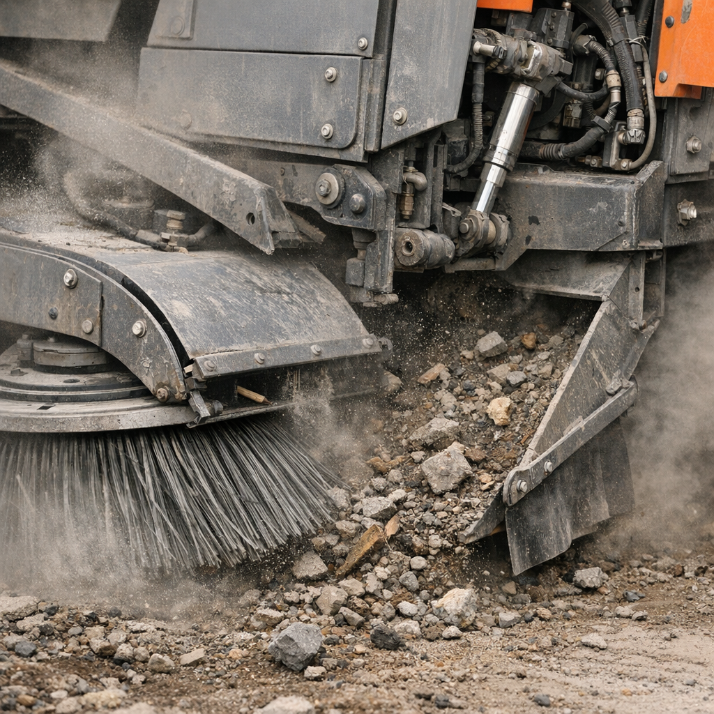 Close-up photorealistic image of a mechanical broom and hopper area of a heavy-duty street sweeper working on a constructi...