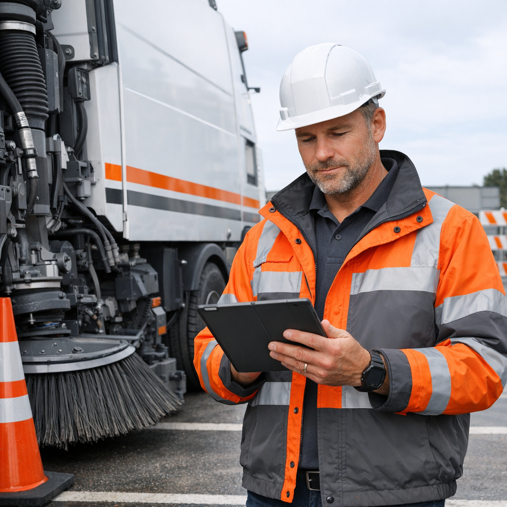 Photorealistic mid-shot of a crew leader consulting a tablet beside a mechanical broom street sweeper parked at a temporar...