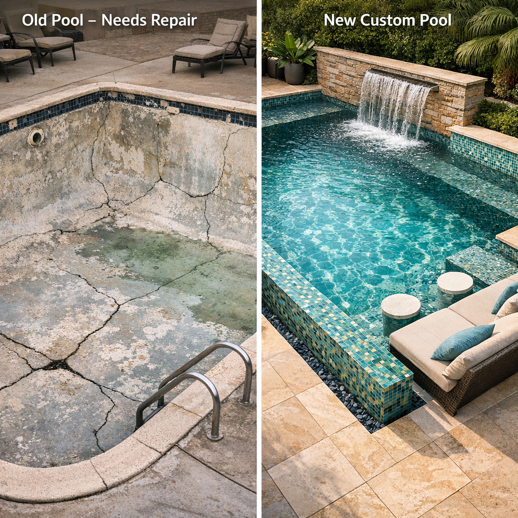 Photorealistic comparison image showing two side-by-side scenes, left a cracked, dated pool in need of repair, right a con...