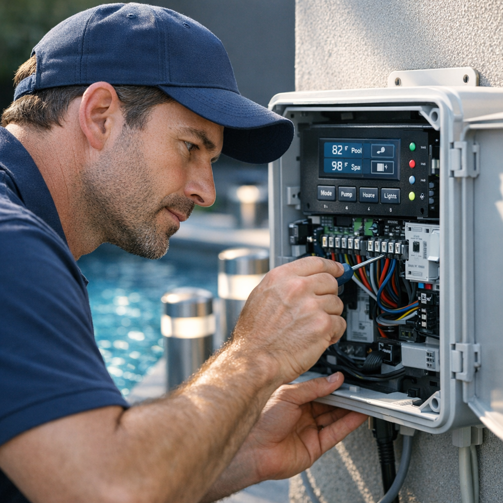 Close-up photorealistic shot of a technician inspecting a pool automation panel next to sparkling water and modern pool li...