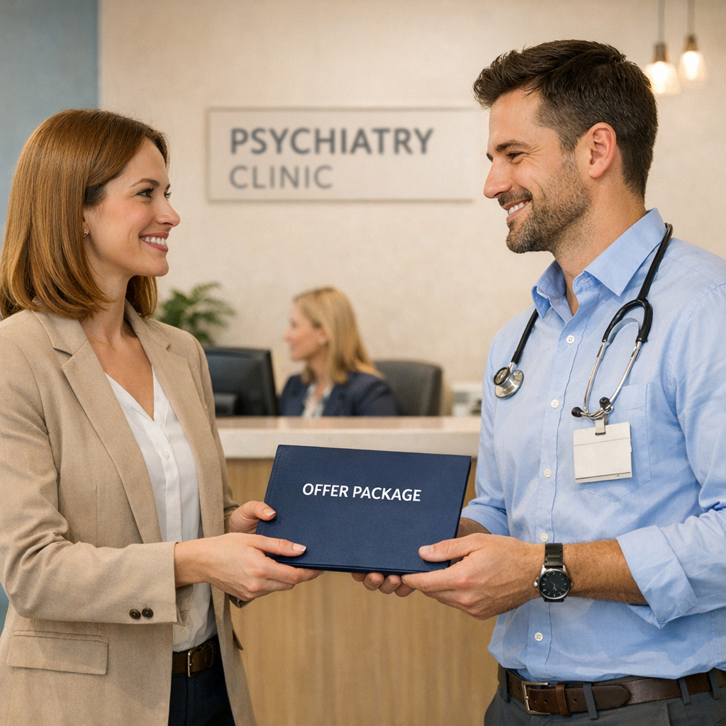 Photorealistic mid-shot of a recruiter handing an offer packet to a psychiatrist in front of a clinic reception, warm prof...