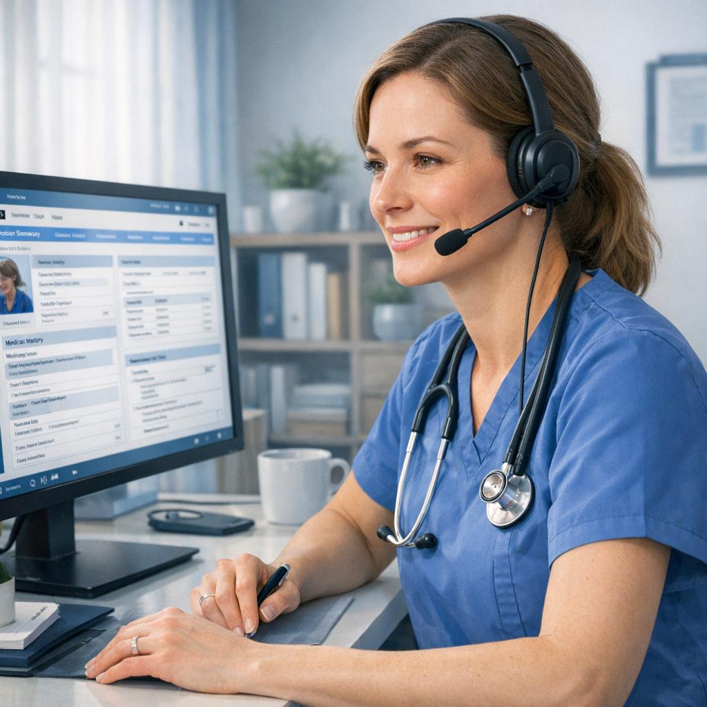 Photorealistic close-up scene of a nurse practitioner conducting a telehealth appointment from a tidy home office, headset...