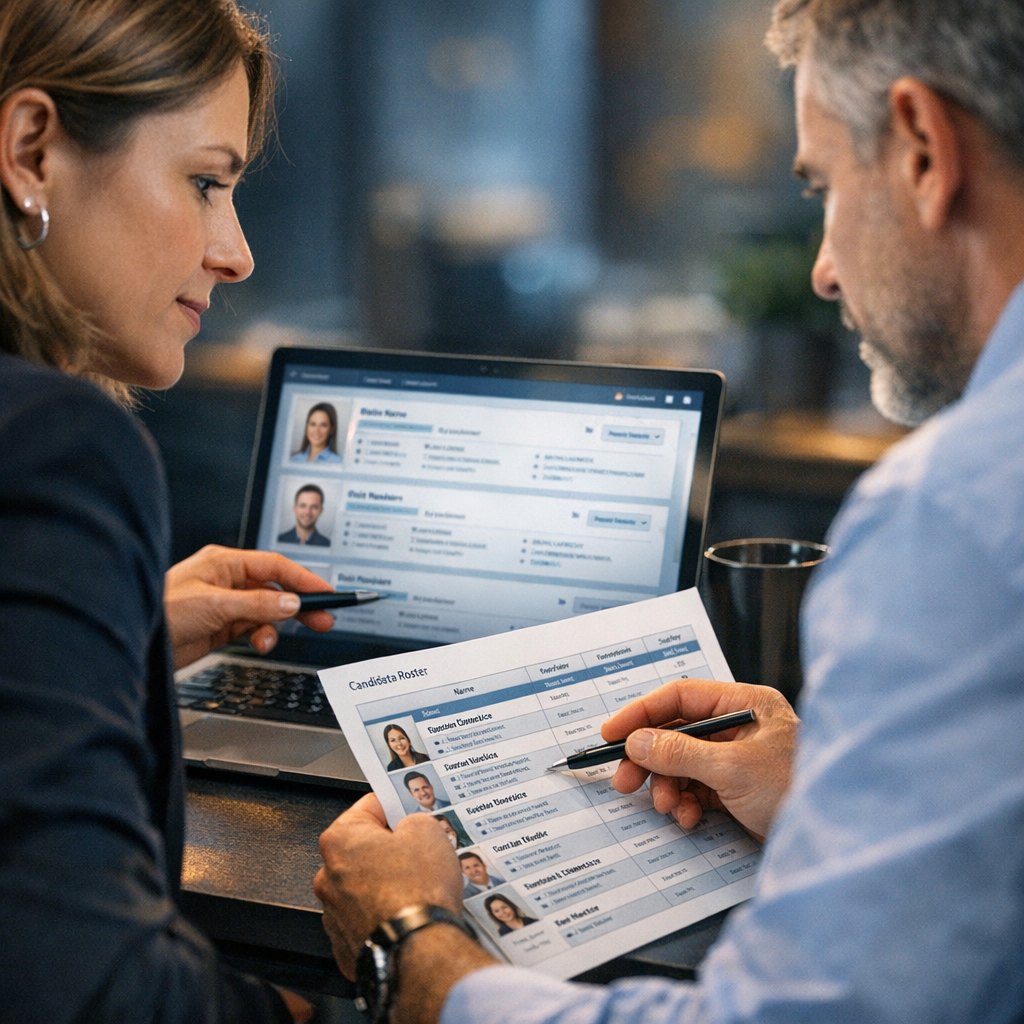 Photorealistic close-up of a recruiter and clinical manager reviewing candidate profiles on a laptop and a printed roster,...
