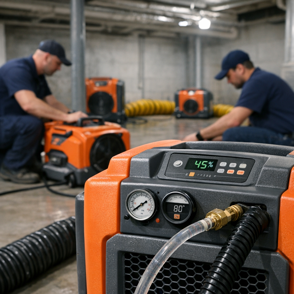 Photorealistic mid-article image of technicians setting up industrial air movers and dehumidifiers in a large basement. Cl...