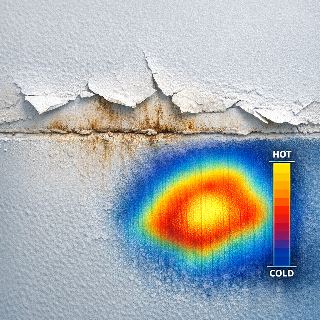 Close-up photorealistic interior shot showing a drywall seam with subtle brown staining, curling paint, and a thermal imag...