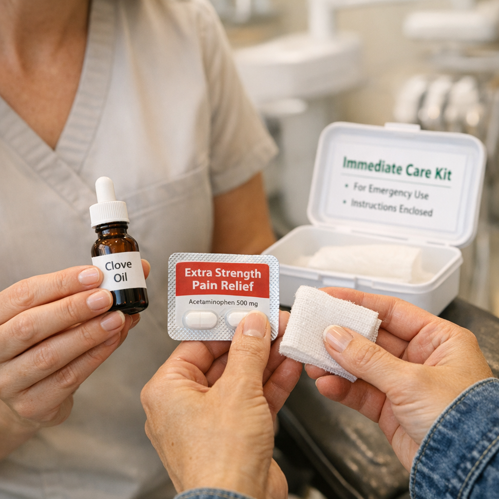 Photorealistic in-office scene showing a female dental hygienist explaining an immediate care kit to an adult American pat...