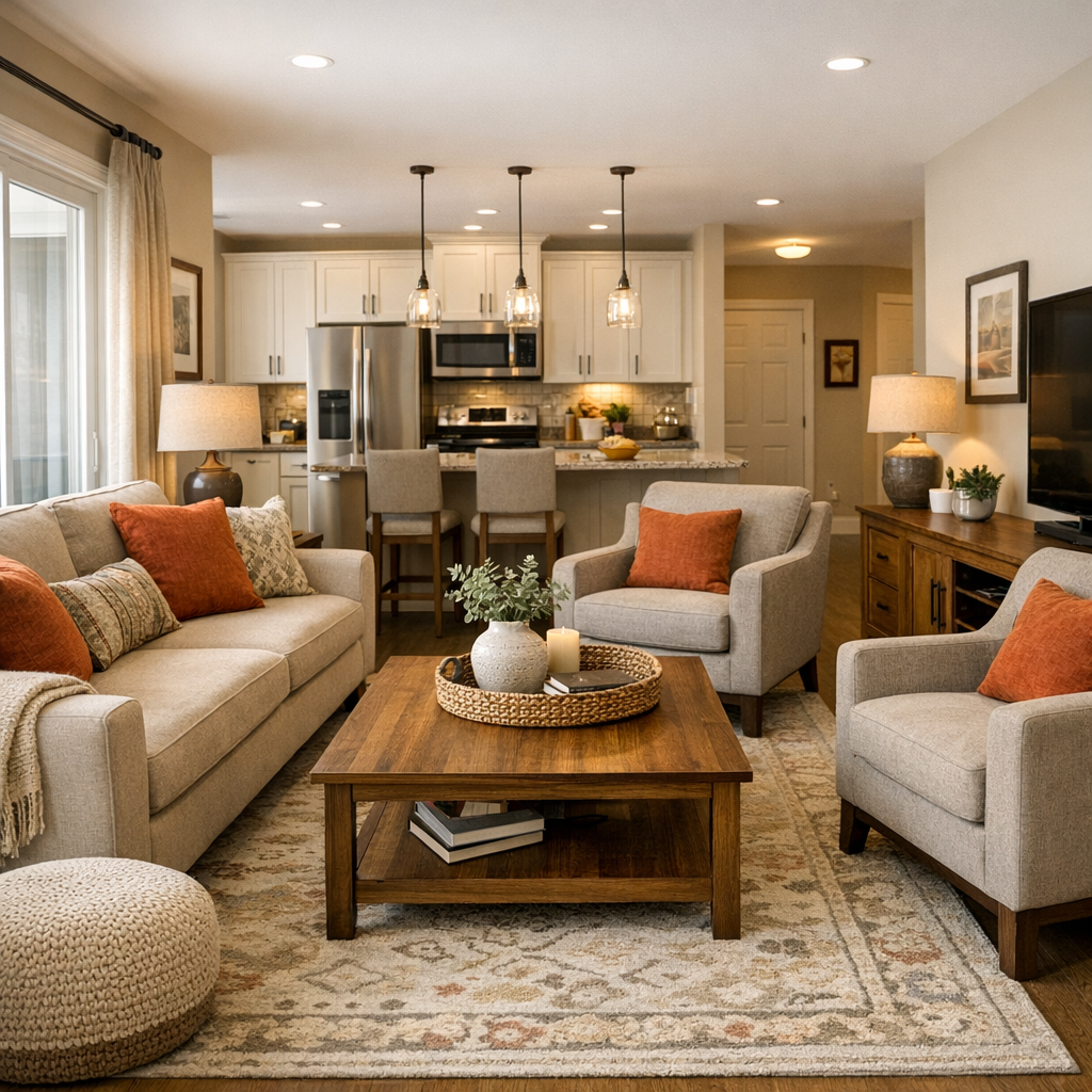 Photorealistic interior shot of a furnished two-bedroom condo living room in St. Charles, showing modern furniture, a full...