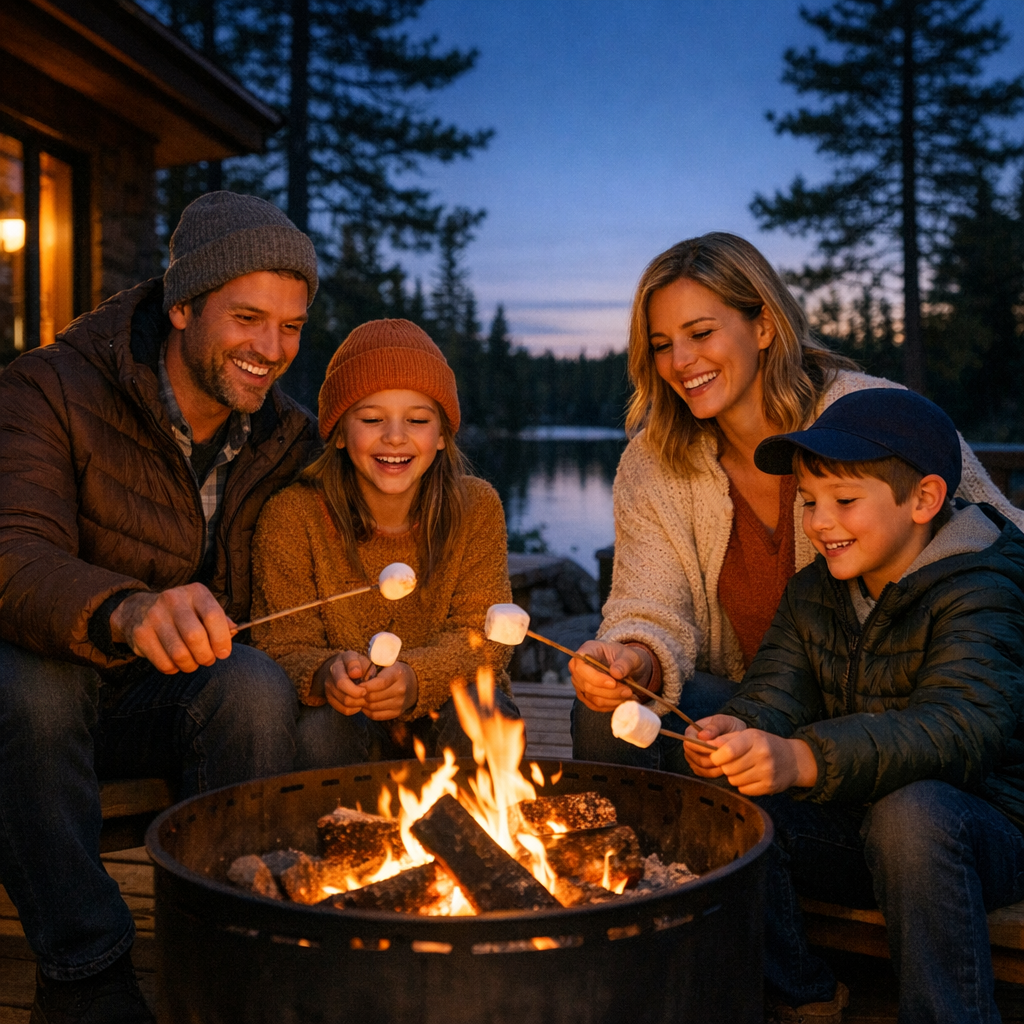 Photorealistic mid-distance shot of a family roasting marshmallows on a cabin deck at twilight, candid and warm, modern ed...
