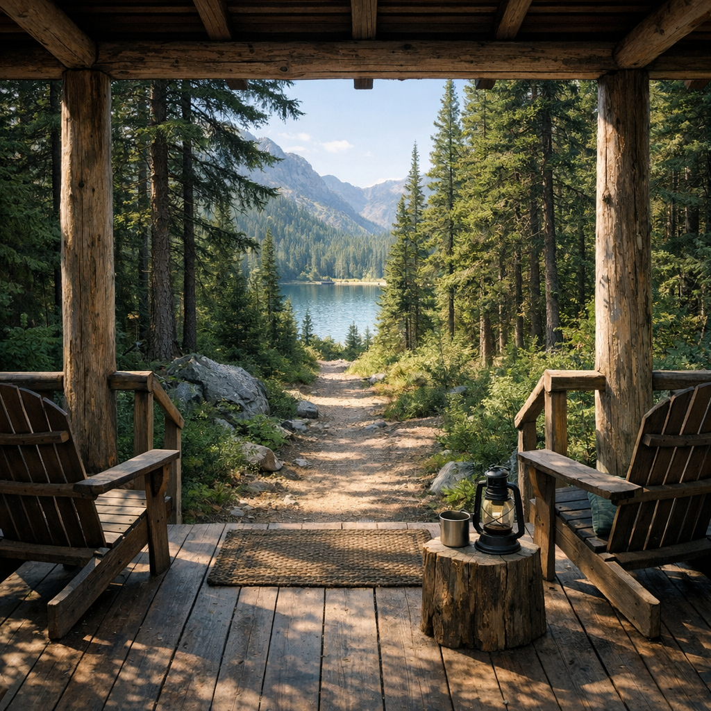 Photorealistic mid-angle shot of a compact cabin porch opening onto a pine forest trail with a small mountain lake visible...
