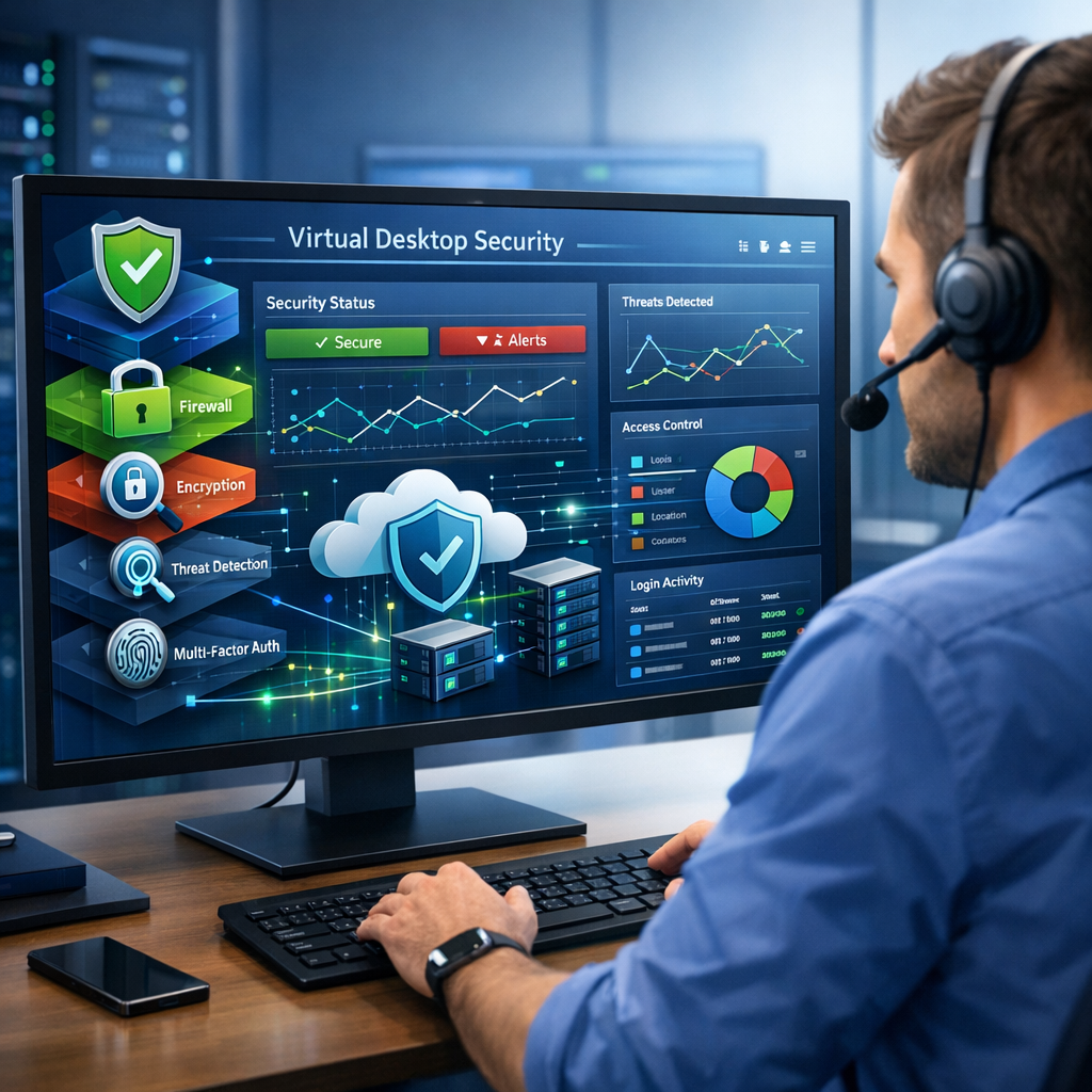 A clear illustrative scene showing an IT administrator monitoring a dashboard with layered security controls for virtual d...