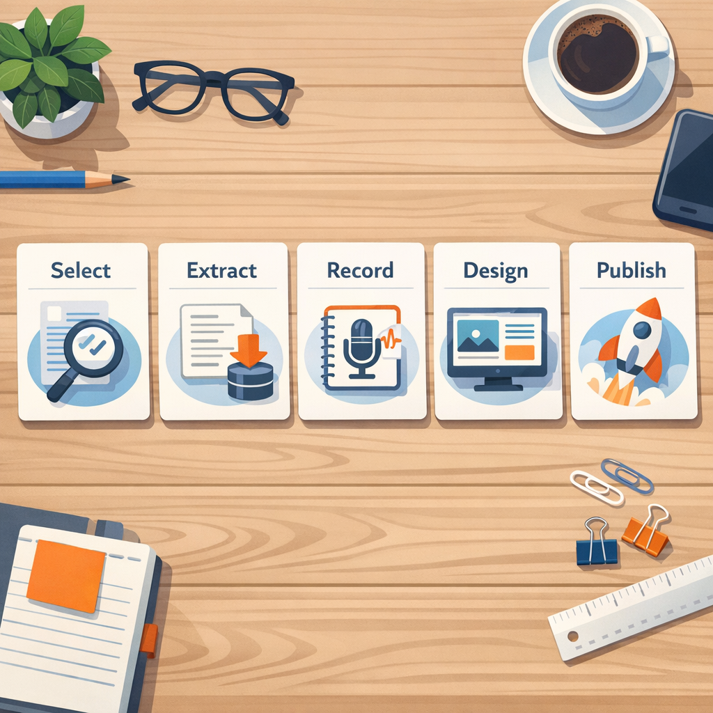 Clean illustrative in-content scene showing a step-by-step mini workflow board: select, extract, record, design, publish. ...