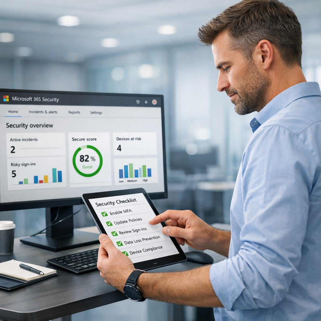 Clean, informative photorealistic image of an IT professional at a standing desk reviewing a checklist on a tablet while a...