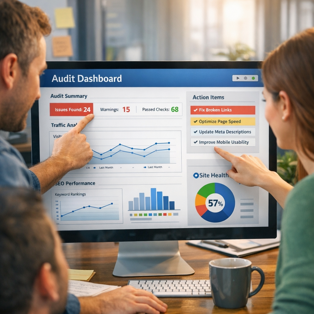 A mid-shot photorealistic scene of a small agency team gathered around a monitor showing an audit dashboard, charts, and h...