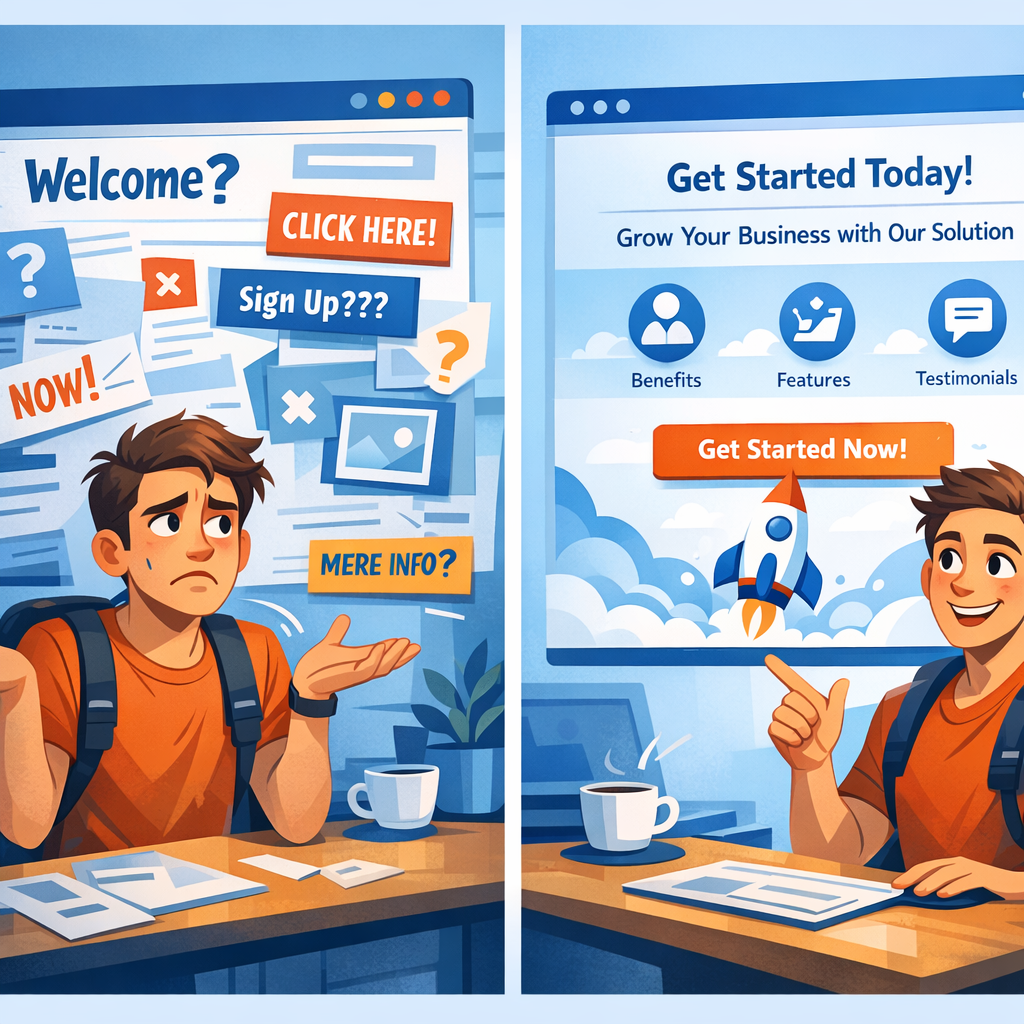 A clean in-content image showing a split-screen: left side a confused visitor bouncing off a messy landing page, right sid...