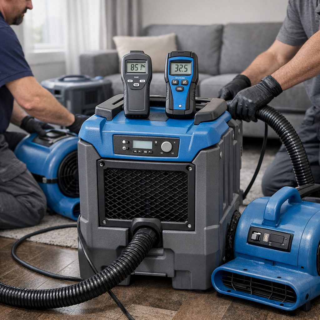 Photorealistic mid-shot showing technicians setting up industrial dehumidifiers and air movers in a living room, close-up ...