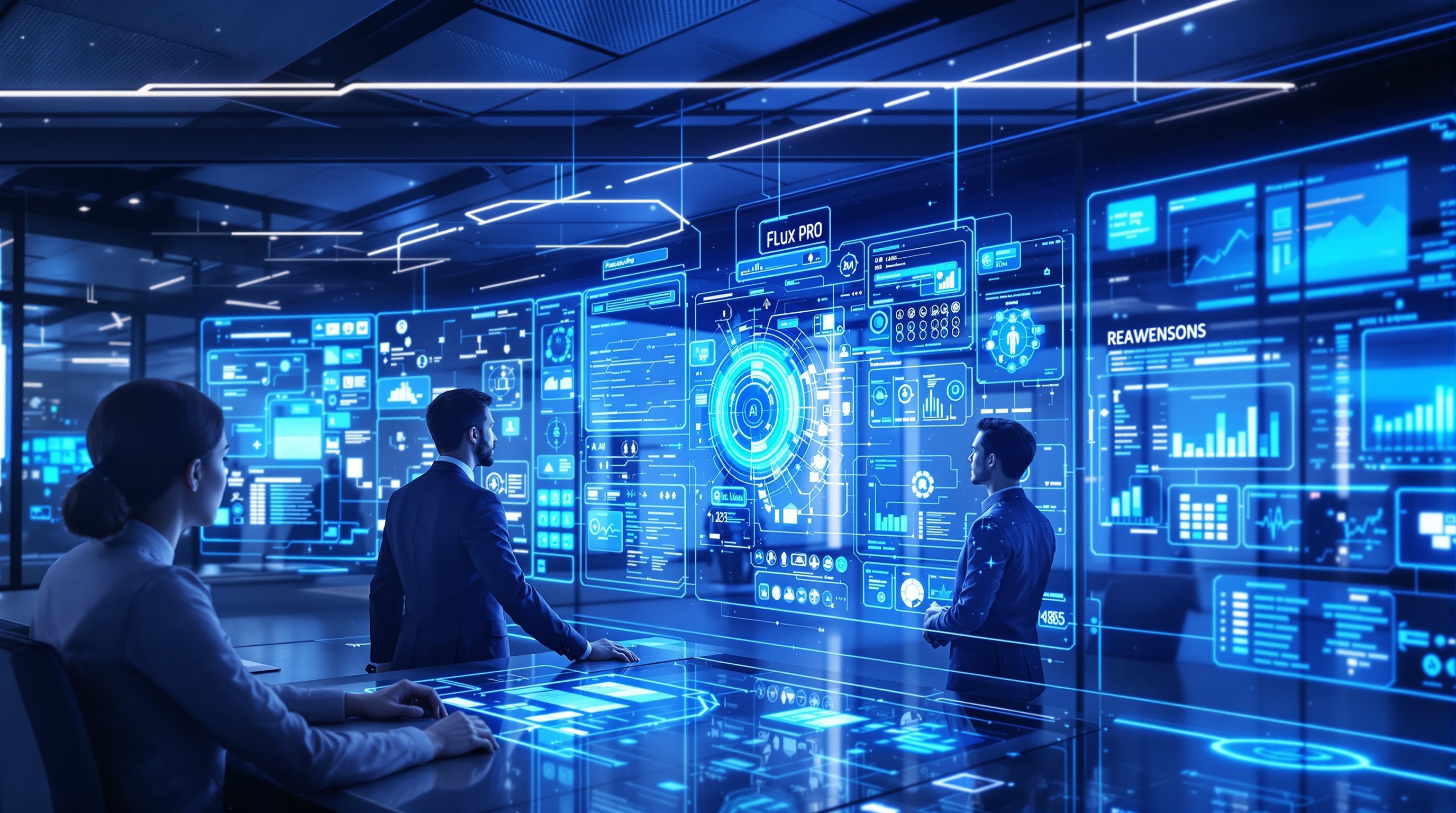 A futuristic office showcasing an autonomous AI agent collaborating with a human across holographic workspaces to represent reasoning intelligence.