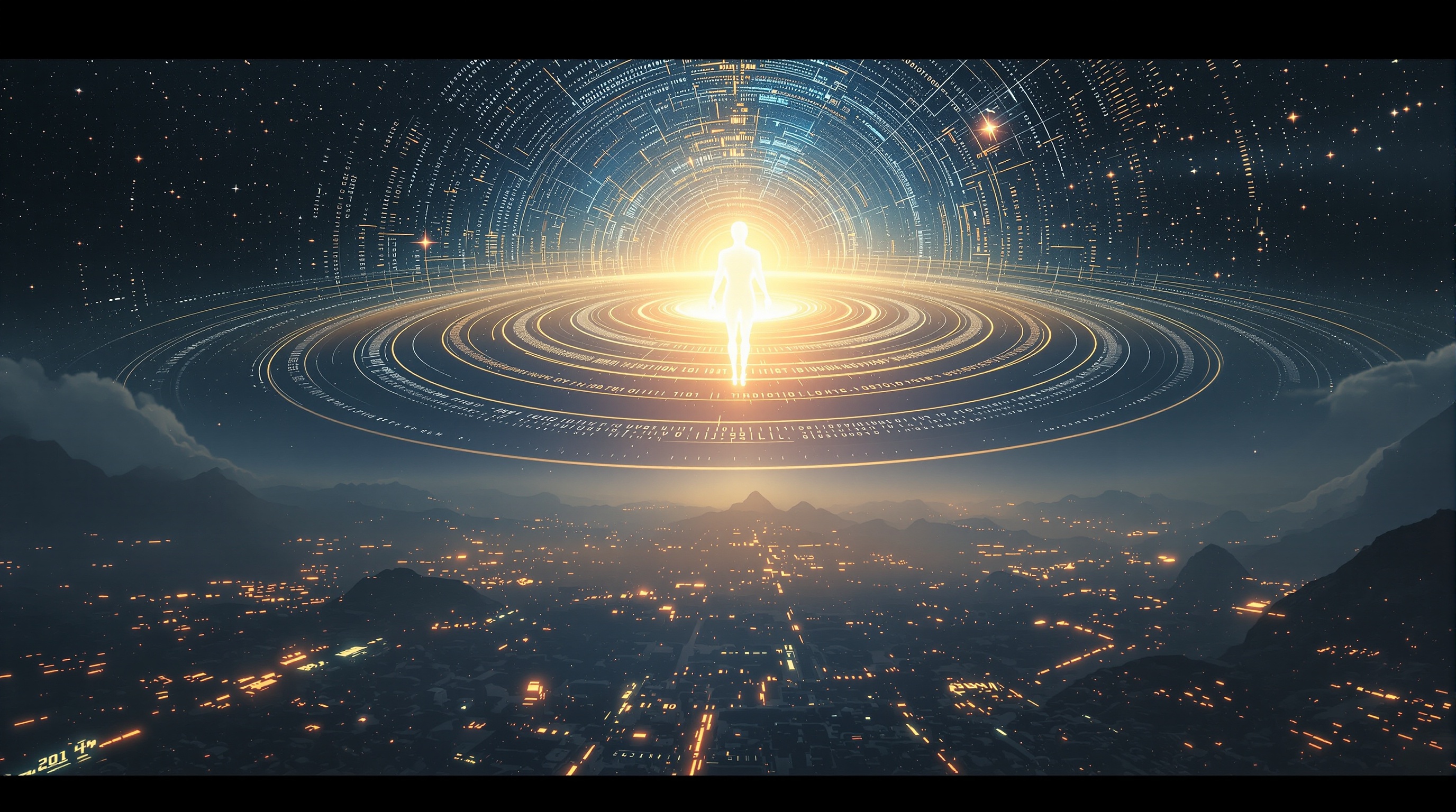 A sci-fi visualization of the technological Singularity showing a radiant humanoid AI figure ascending through luminous data rings into cosmic light.